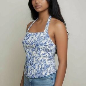 NEW Floral Blue and White Halter Top Size Small S
